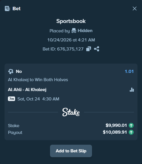 Bet slip: Al Ahli - Al Khaleej, $10,000.00 stake at 1.01 odds, placed by korehato