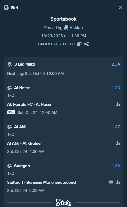 Bet slip: Al Ahli - Al Khaleej, $17,480.33 stake at 1.37 odds, placed by Hidden
