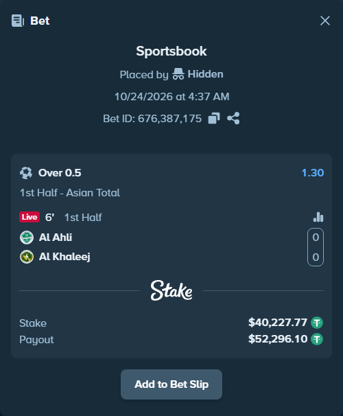 Bet slip: Al Ahli - Al Khaleej, $40,268.00 stake at 1.30 odds, placed by Hidden