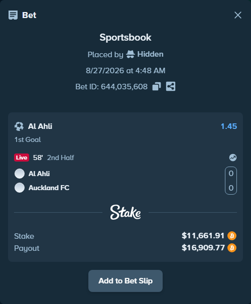 Bet slip: Al Ahli - Auckland FC, $11,658.73 stake at 1.45 odds, placed by Hidden