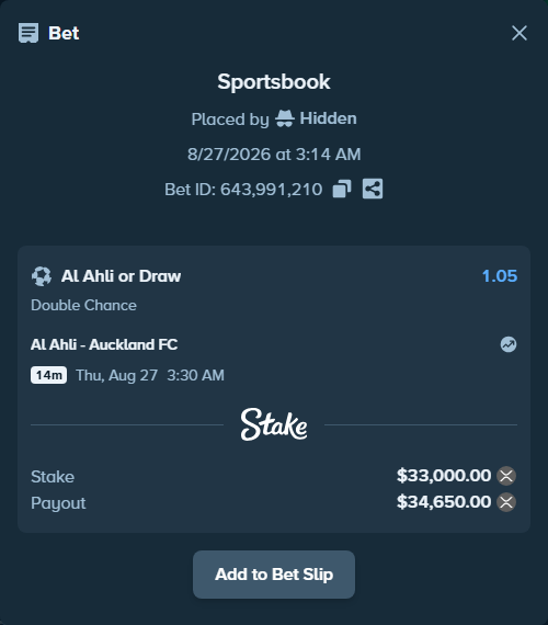 Bet slip: Al Ahli - Auckland FC, $33,328.68 stake at 1.05 odds, placed by Hidden