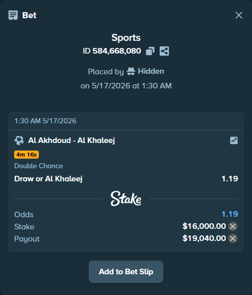 Bet slip: Al Akhdoud - Al Khaleej, $13,021.68 stake at 1.19 odds, placed by Hidden