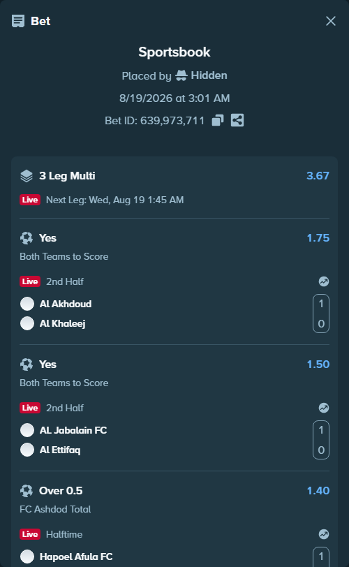 Bet slip: Al Akhdoud - Al Khaleej, $23,674.41 stake at 1.75 odds, placed by Hidden