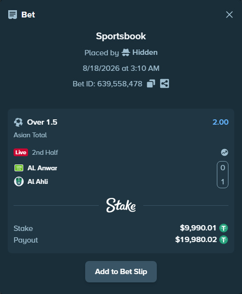 Bet slip: AL Anwar - Al Ahli, $10,000.00 stake at 2.00 odds, placed by Hidden