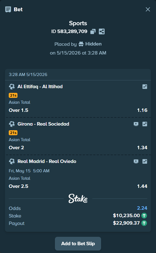 Bet slip: Al Ettifaq - Al Ittihad, $10,235.00 stake at 1.16 odds, placed by Hidden