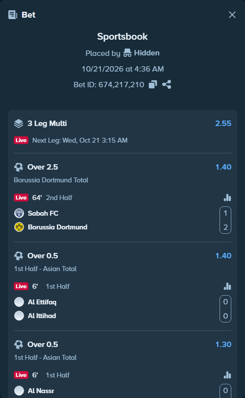 Bet slip: Al Ettifaq - Al Ittihad, $180,999.82 stake at 1.40 odds, placed by Hidden