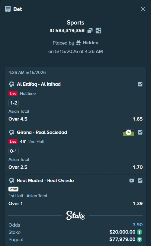 Bet slip: Al Ettifaq - Al Ittihad, $20,000.00 stake at 1.65 odds, placed by Hidden