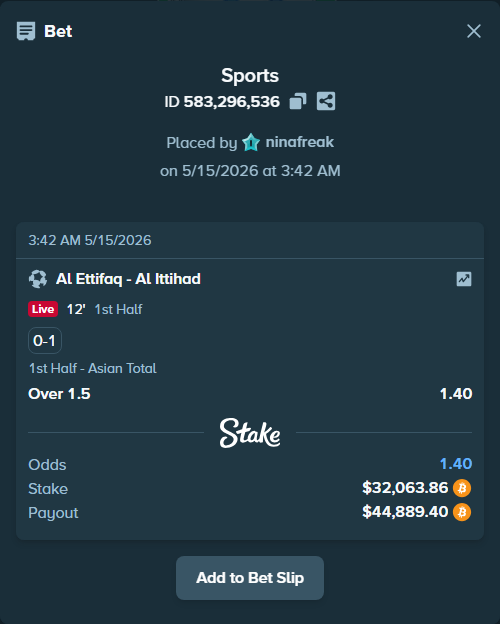 Bet slip: Al Ettifaq - Al Ittihad, $25,232.09 stake at 1.40 odds, placed by ninafreak