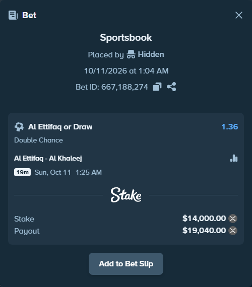 Bet slip: Al Ettifaq - Al Khaleej, $14,082.52 stake at 1.36 odds, placed by Hidden