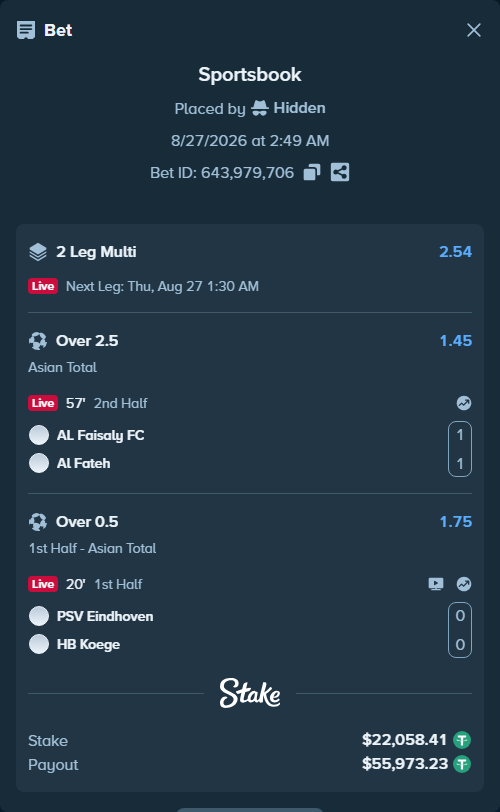 Bet slip: Al-Faisaly FC - Al Fateh, $22,058.41 stake at 1.45 odds, placed by Hidden
