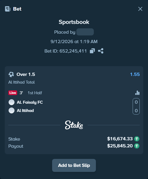 Bet slip: Al-Faisaly FC - Al Ittihad, $16,691.00 stake at 1.55 odds, placed by SH7N28