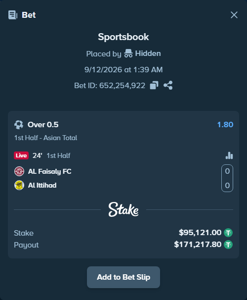 Bet slip: Al-Faisaly FC - Al Ittihad, $95,216.12 stake at 1.80 odds, placed by Hidden