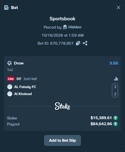 Bet slip: Al-Faisaly FC - Al Kholood, $15,405.00 stake at 5.50 odds, placed by Hidden