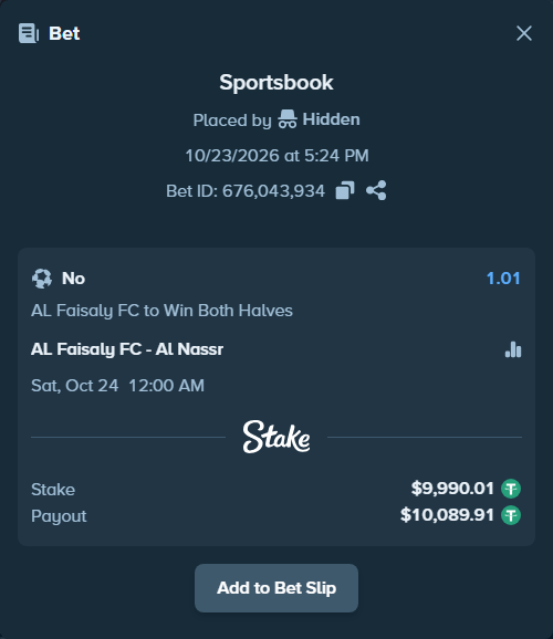 Bet slip: Al-Faisaly FC - Al Nassr, $10,000.00 stake at 1.01 odds, placed by korehato