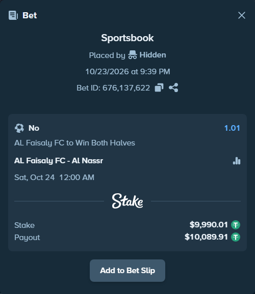 Bet slip: Al-Faisaly FC - Al Nassr, $10,000.00 stake at 1.01 odds, placed by korehato