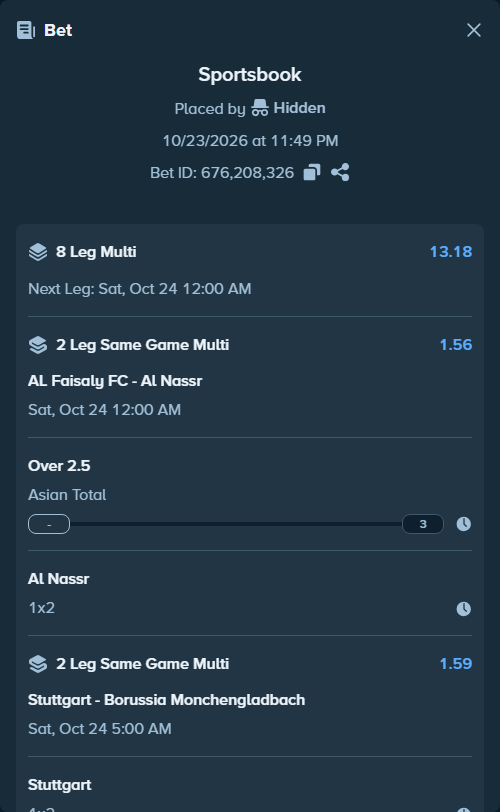 Bet slip: Al-Faisaly FC - Al Nassr, $10,006.00 stake at 1.36 odds, placed by TonyJaaVIP