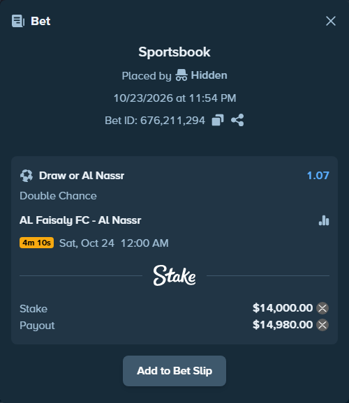 Bet slip: Al-Faisaly FC - Al Nassr, $13,954.91 stake at 1.07 odds, placed by Hidden