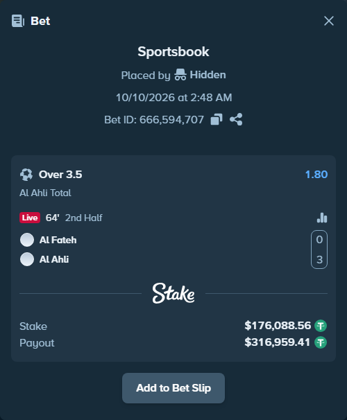 Bet slip: Al Fateh - Al Ahli, $176,264.65 stake at 1.80 odds, placed by Hidden