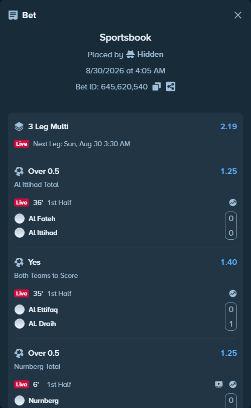 Bet slip: Al Fateh - Al Ittihad, $15,200.00 stake at 1.25 odds, placed by Hidden