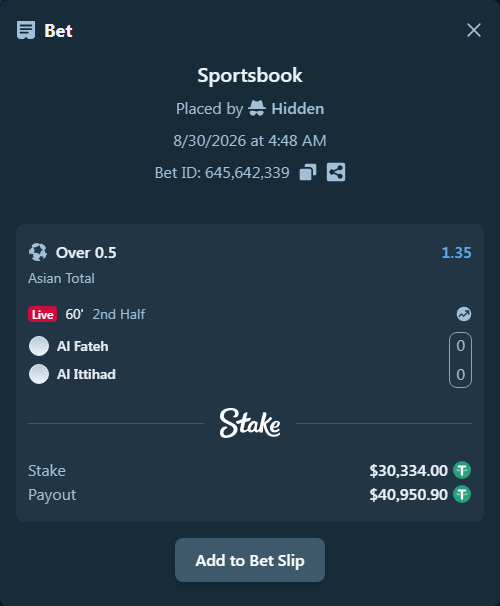 Bet slip: Al Fateh - Al Ittihad, $30,334.00 stake at 1.35 odds, placed by Hidden