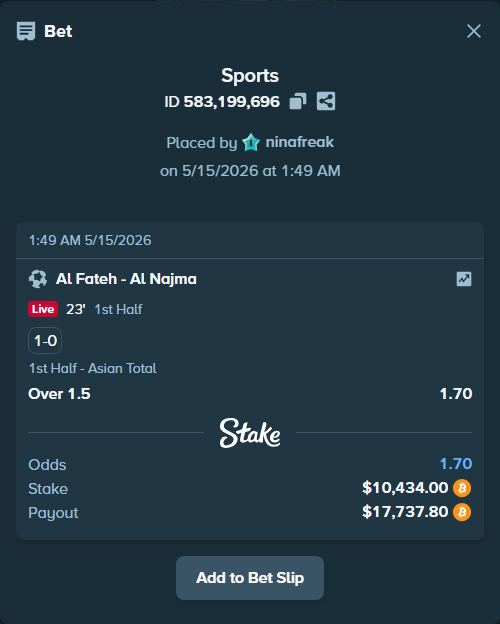 Bet slip: Al Fateh - Al Najma, $8,217.55 stake at 1.70 odds, placed by ninafreak