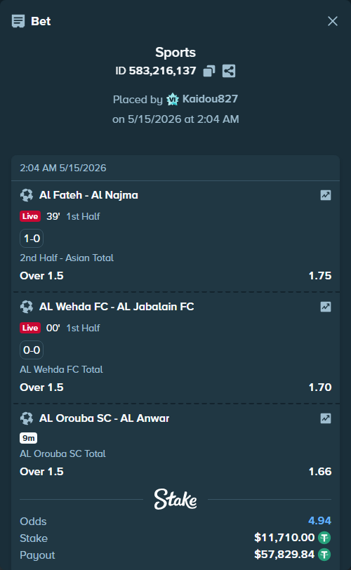 Bet slip: Al Fateh - Al Najma, $11,710.00 stake at 1.75 odds, placed by Kaidou827