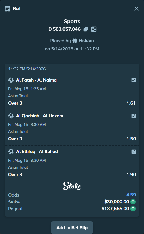 Bet slip: Al Fateh - Al Najma, $30,000.00 stake at 1.61 odds, placed by Hidden