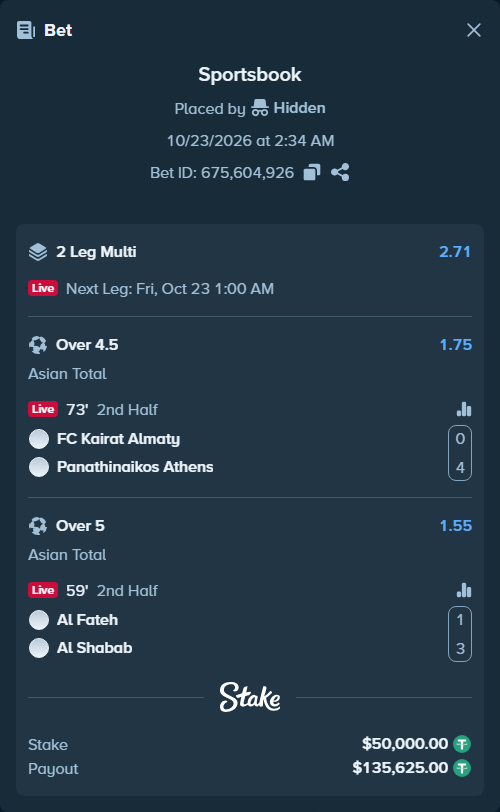 Bet slip: Al Fateh - Al Shabab, $50,050.00 stake at 1.55 odds, placed by Hidden
