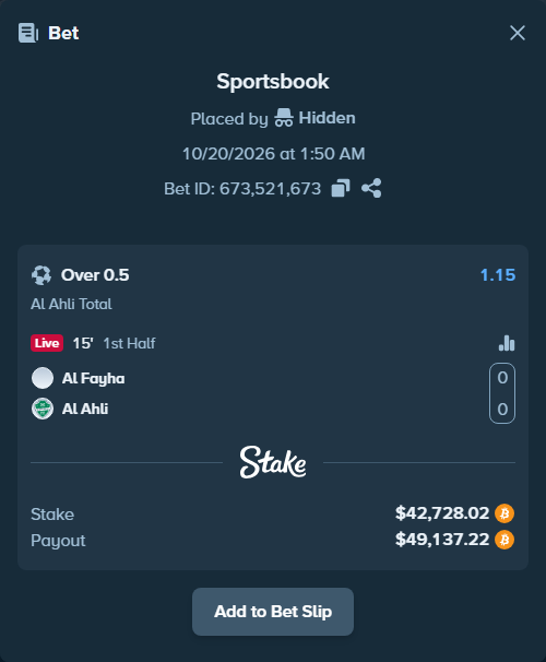 Bet slip: Al Fayha - Al Ahli, $42,621.80 stake at 1.15 odds, placed by Hidden