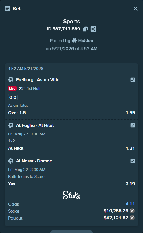 Bet slip: Al Fayha - Al Hilal, $8,629.34 stake at 1.21 odds, placed by Hidden