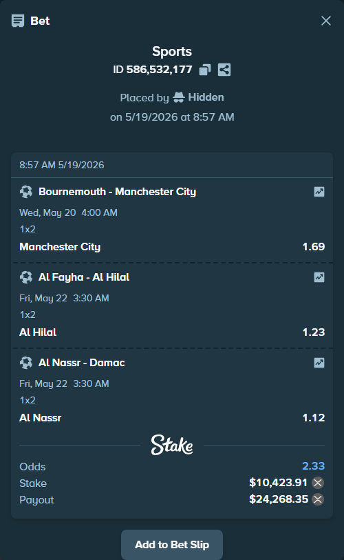 Bet slip: Al Fayha - Al Hilal, $8,625.00 stake at 1.23 odds, placed by Hidden
