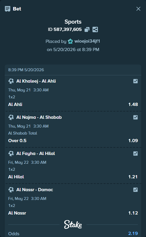 Bet slip: Al Fayha - Al Hilal, $10,033.82 stake at 1.21 odds, placed by wioejoi34jf1