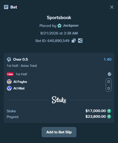 Bet slip: Al Fayha - Al Hilal, $17,000.00 stake at 1.40 odds, placed by Jackpoor