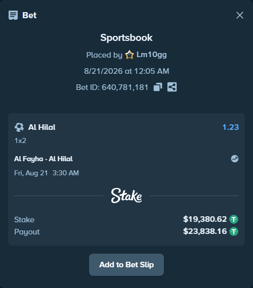 Bet slip: Al Fayha - Al Hilal, $19,400.00 stake at 1.23 odds, placed by Lm10gg