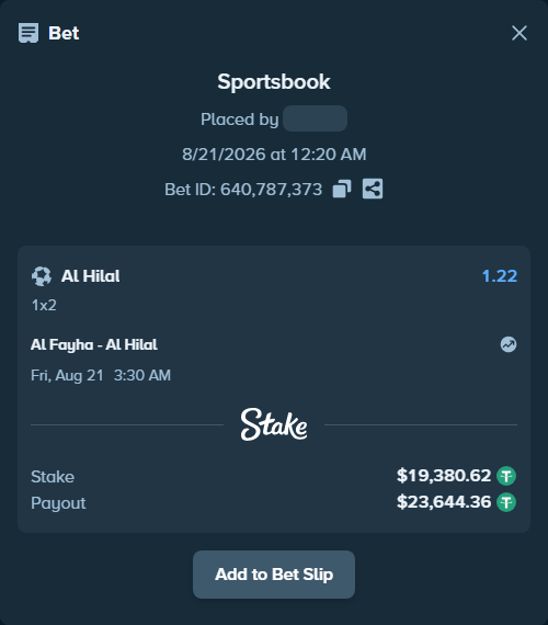 Bet slip: Al Fayha - Al Hilal, $19,400.00 stake at 1.22 odds, placed by Lm10gg