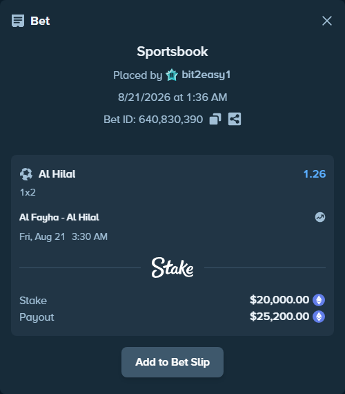 Bet slip: Al Fayha - Al Hilal, $19,973.42 stake at 1.26 odds, placed by bit2easy1