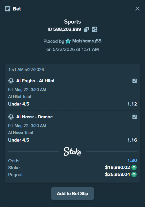 Bet slip: Al Fayha - Al Hilal, $20,000.00 stake at 1.12 odds, placed by Malshamry55