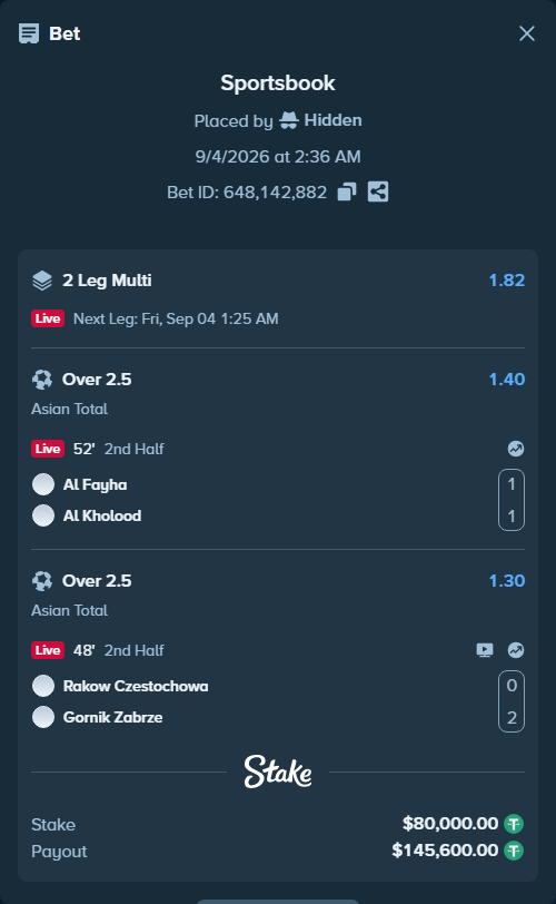 Bet slip: Al Fayha - Al Kholood, $80,000.00 stake at 1.40 odds, placed by Hidden