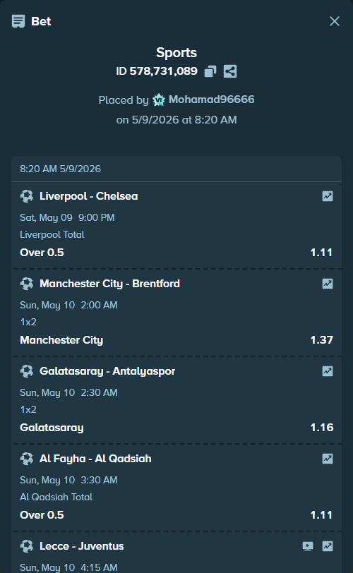 Bet slip: Al Fayha - Al Qadsiah, $12,612.00 stake at 1.11 odds, placed by Mohamad96666