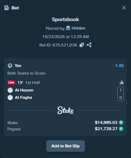 Bet slip: Al Hazem - Al Fayha, $15,000.00 stake at 1.45 odds, placed by Hidden
