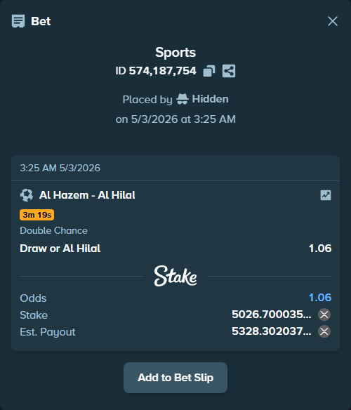 Bet slip: Al Hazem - Al Hilal, $5,780.71 stake at 1.06 odds, placed by Hidden