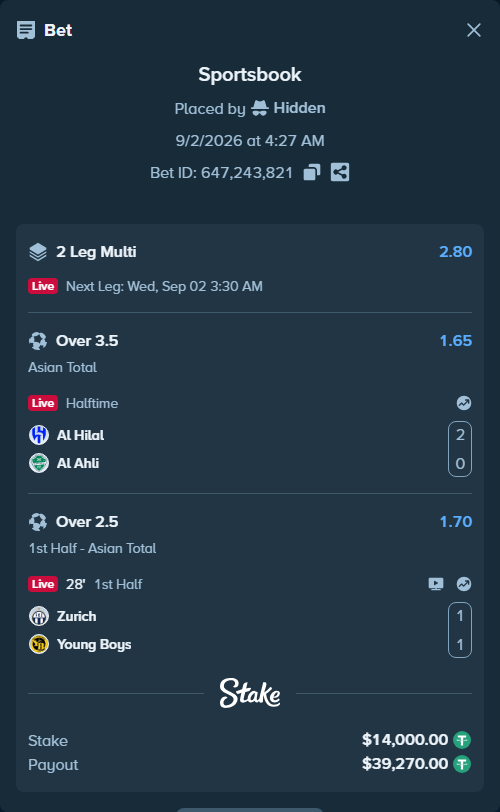 Bet slip: Al Hilal - Al Ahli, $14,000.00 stake at 1.65 odds, placed by Hidden