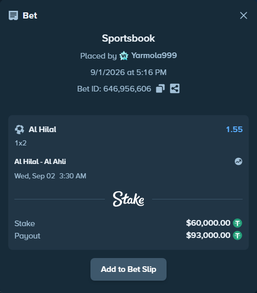 Bet slip: Al Hilal - Al Ahli, $60,000.00 stake at 1.55 odds, placed by Yarmola999