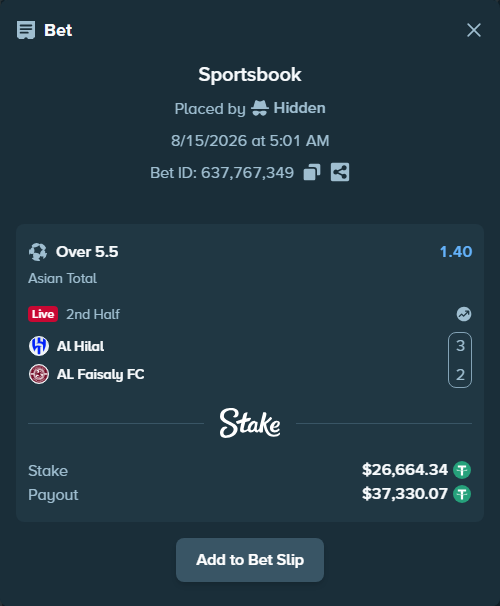 Bet slip: Al Hilal - Al-Faisaly FC, $26,691.00 stake at 1.40 odds, placed by Hidden