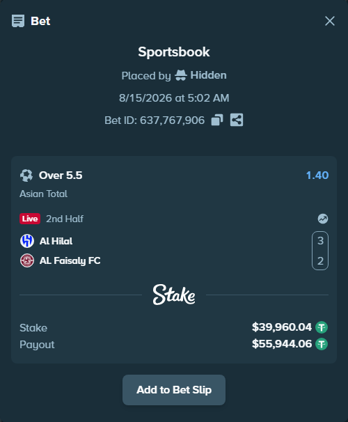 Bet slip: Al Hilal - Al-Faisaly FC, $40,000.00 stake at 1.40 odds, placed by Hidden
