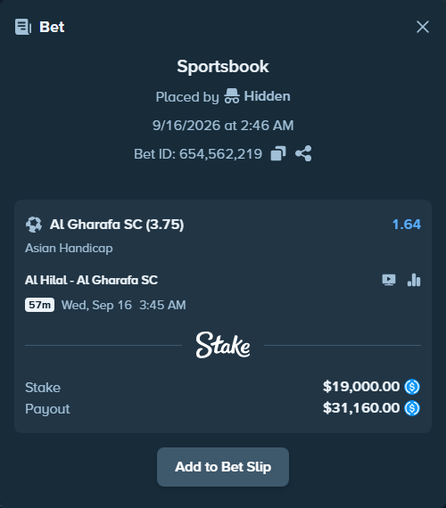 Bet slip: Al Hilal - Al Gharafa SC, $19,000.00 stake at 1.64 odds, placed by Hidden