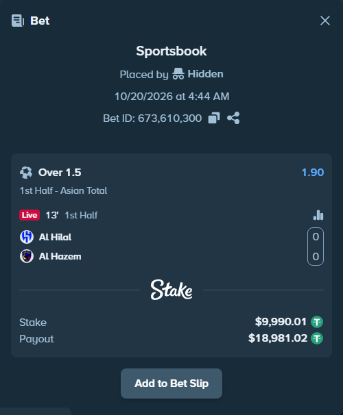 Bet slip: Al Hilal - Al Hazem, $10,000.00 stake at 1.90 odds, placed by Agus1033