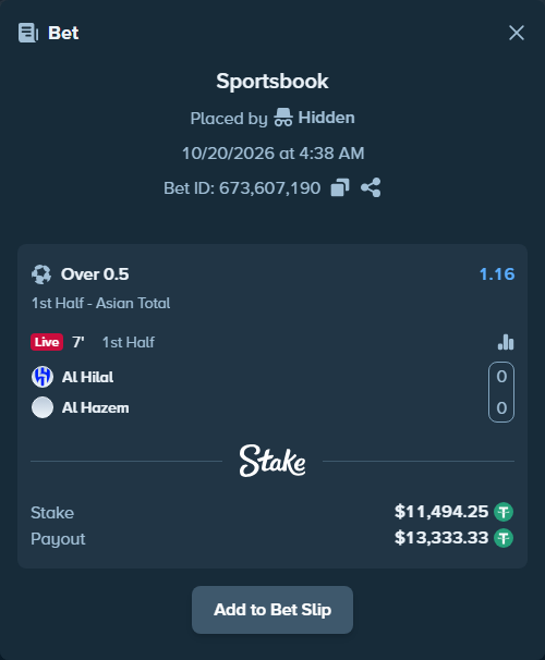 Bet slip: Al Hilal - Al Hazem, $11,505.75 stake at 1.16 odds, placed by Rodrigom04