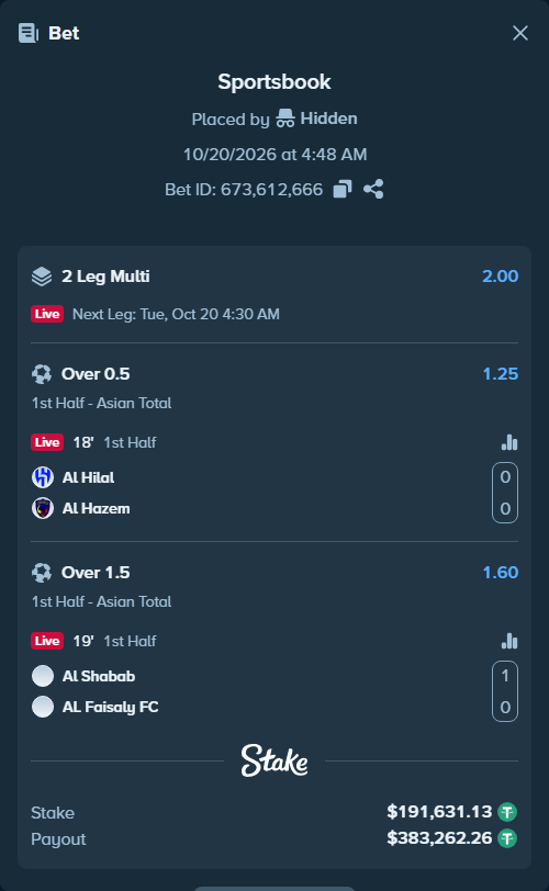 Bet slip: Al Hilal - Al Hazem, $191,822.76 stake at 1.25 odds, placed by Hidden