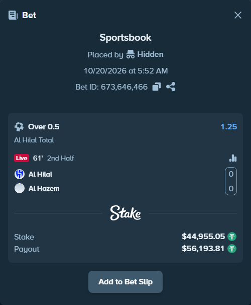 Bet slip: Al Hilal - Al Hazem, $45,000.00 stake at 1.25 odds, placed by Hidden